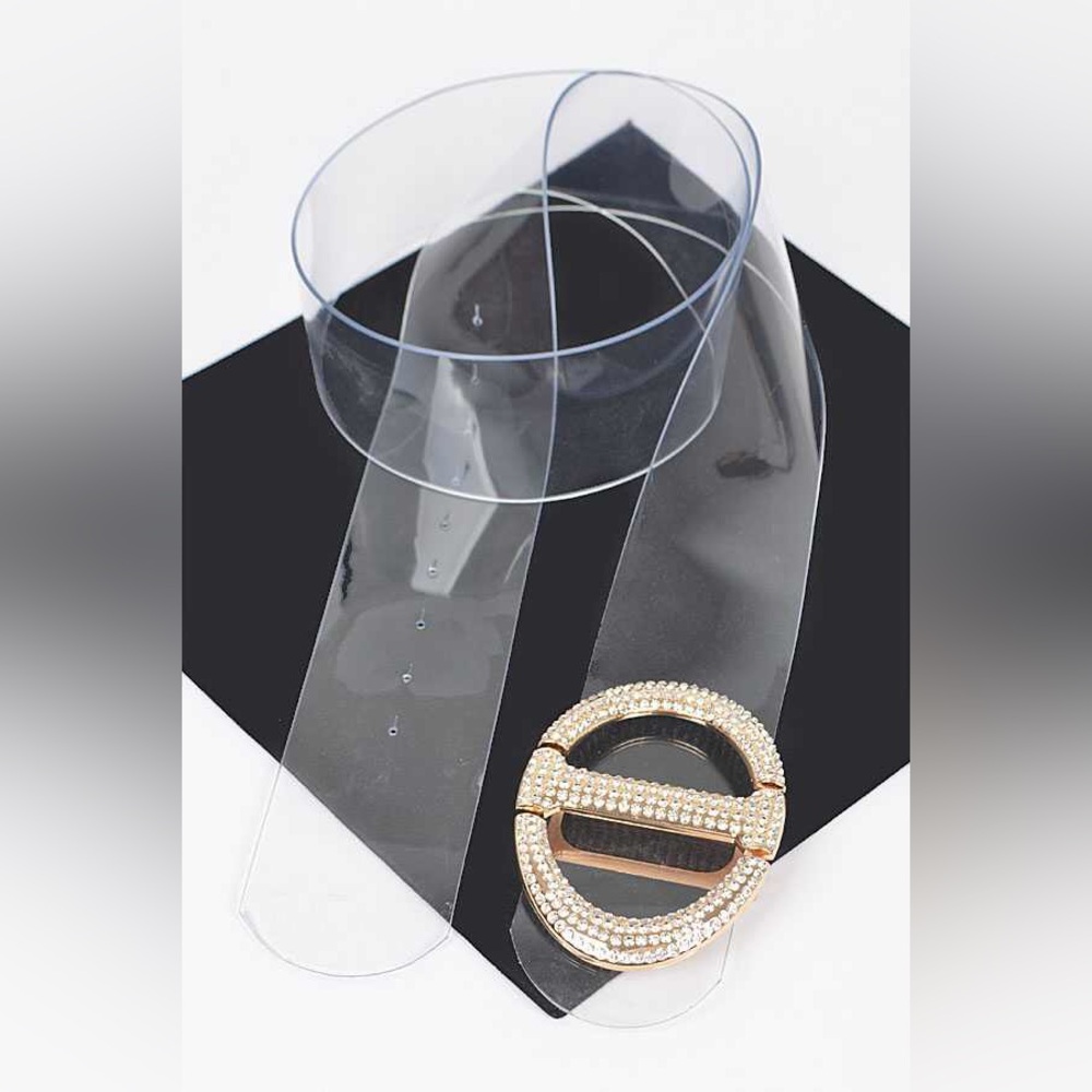 Gold & Rhinestone Buckle Clear PVC Statement Belt - Picture 4 of 4